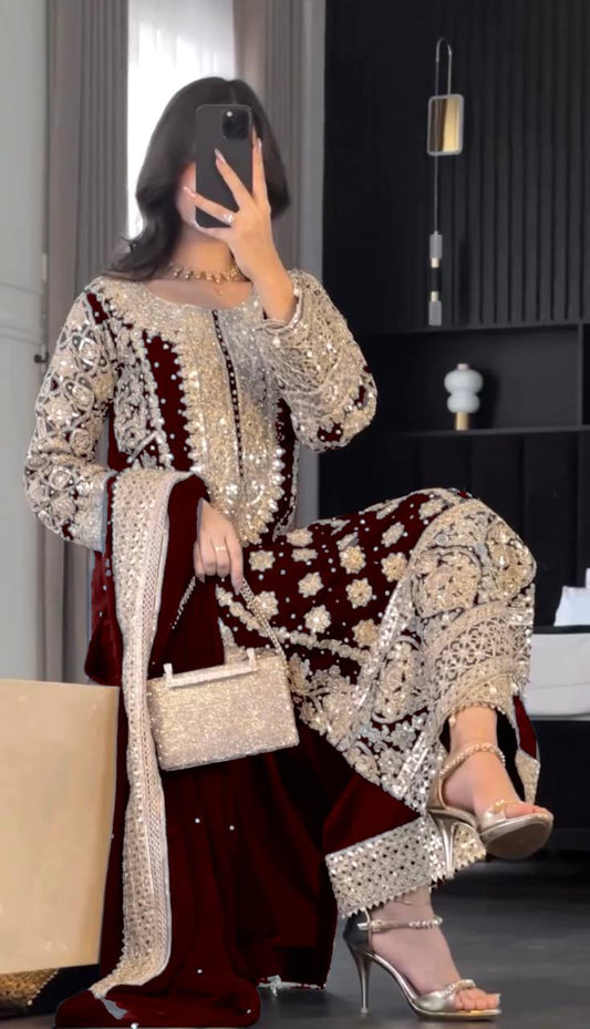 Fancy Maroon Color Georgette Revet Moti Salwar Suit