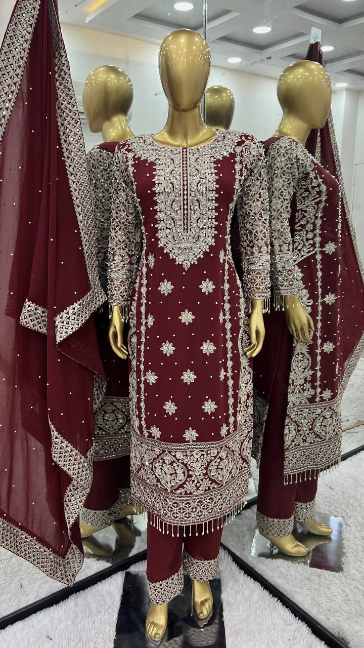 Fancy Maroon Color Georgette Revet Moti Salwar Suit