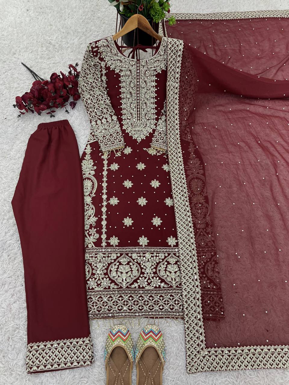Fancy Maroon Color Georgette Revet Moti Salwar Suit