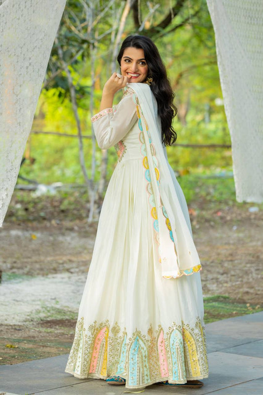 Classic Sequence Work Chinon Silk White Color Gown