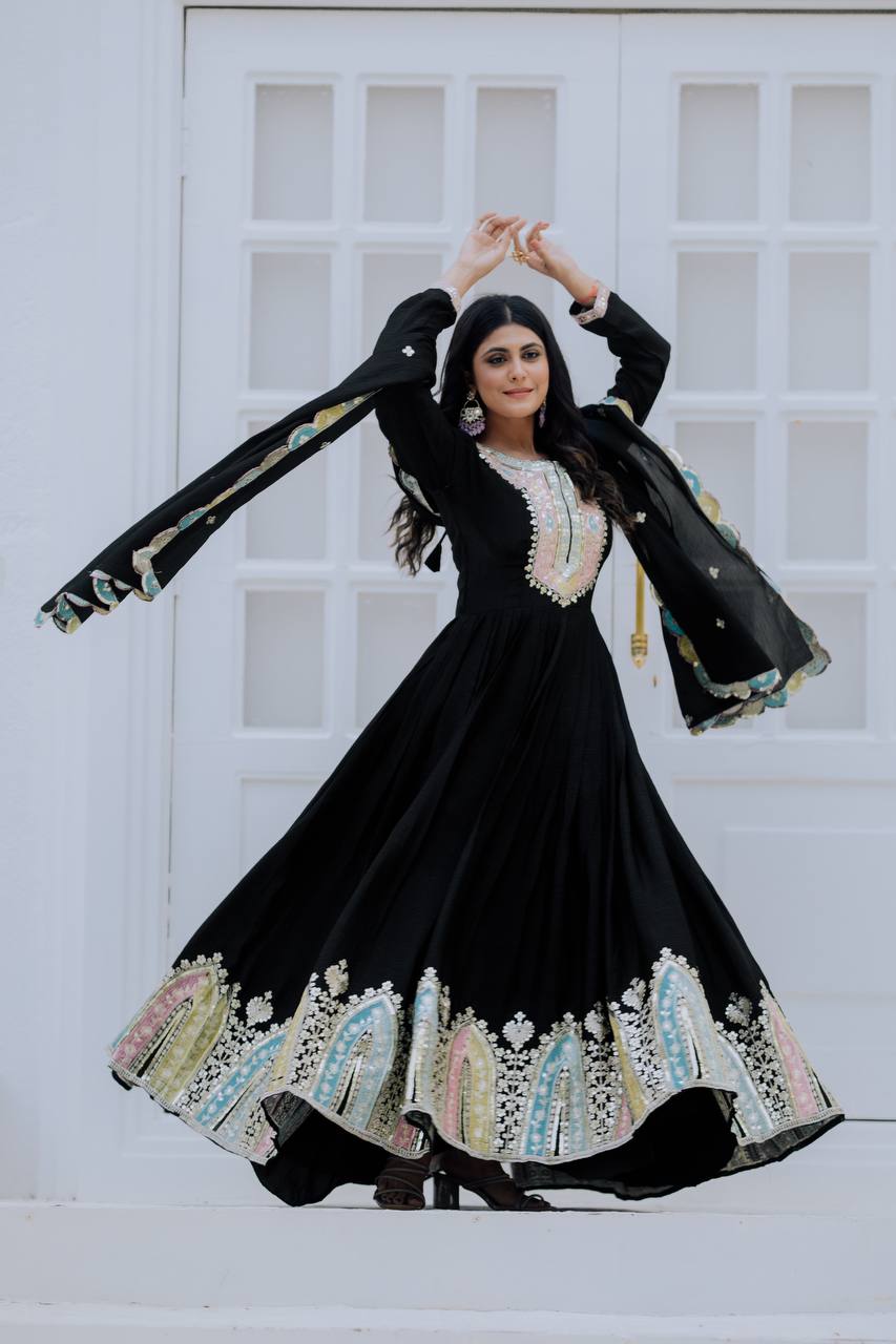 Classic Sequence Work Chinon Silk Black Color Gown