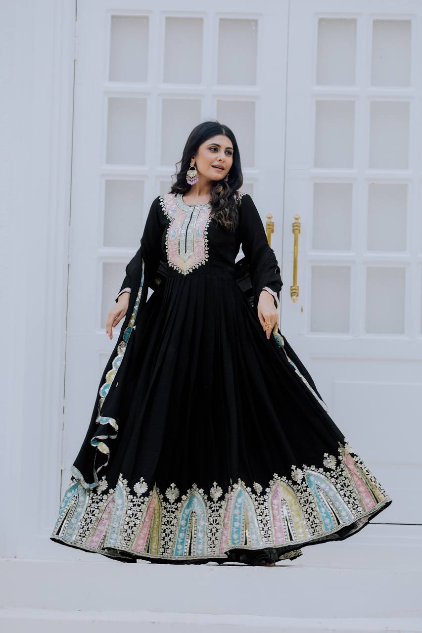 Classic Sequence Work Chinon Silk Black Color Gown