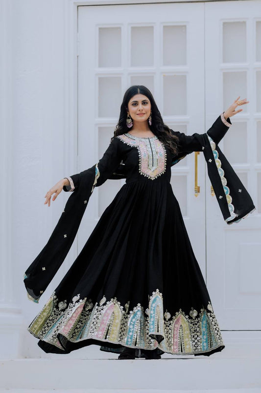 Classic Sequence Work Chinon Silk Black Color Gown