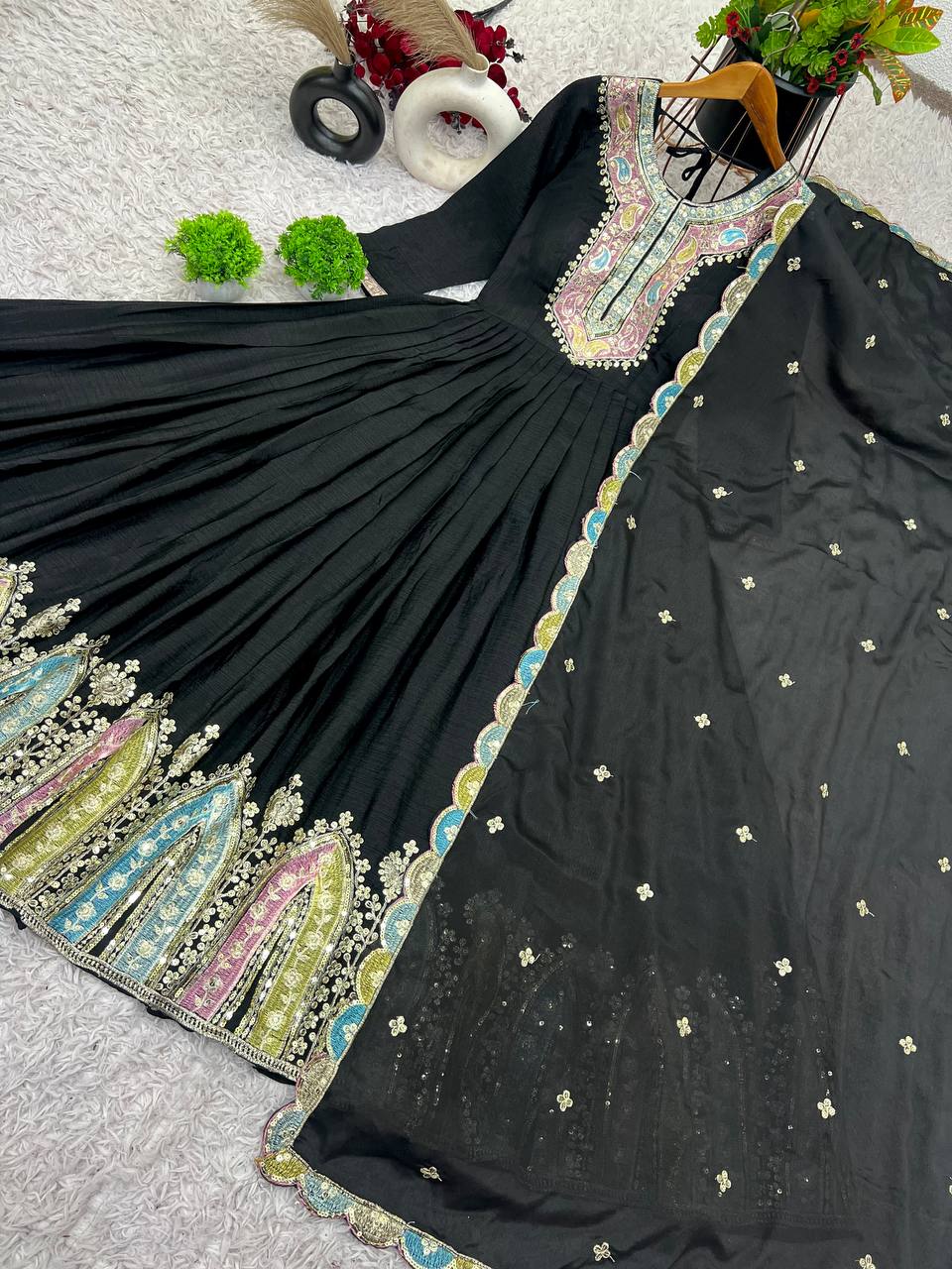 Classic Sequence Work Chinon Silk Black Color Gown