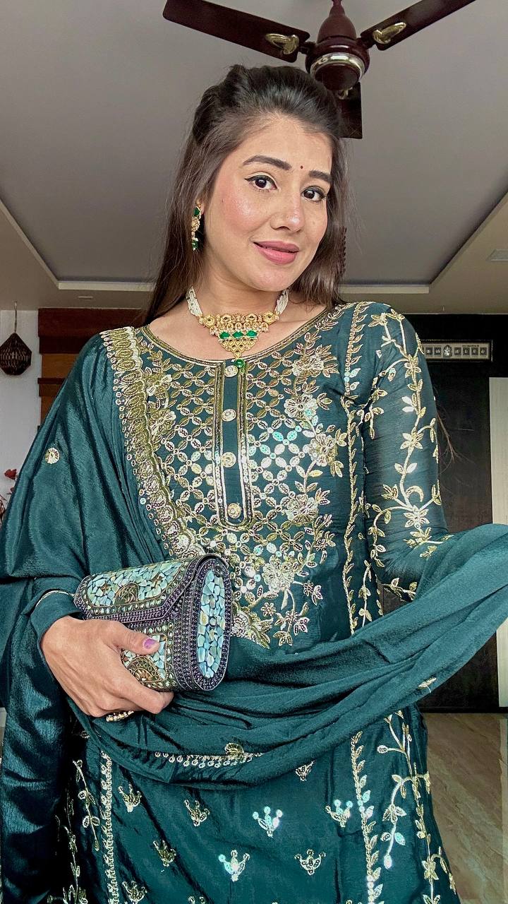 Decent Cinon Silk Embroidery Work Green Color Salwar Suit