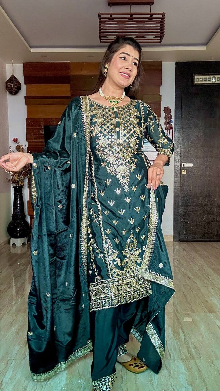 Decent Cinon Silk Embroidery Work Green Color Salwar Suit