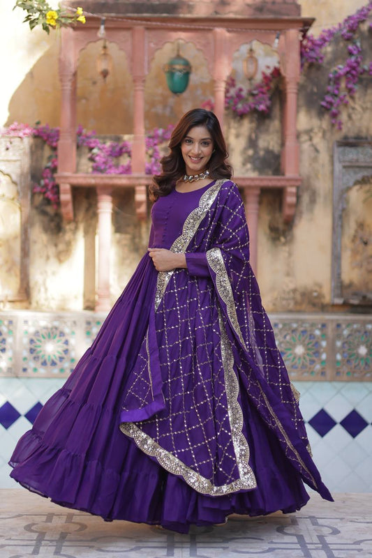 Good Looking Sequins Embroidered Work Purple Color Gown With Dupatta