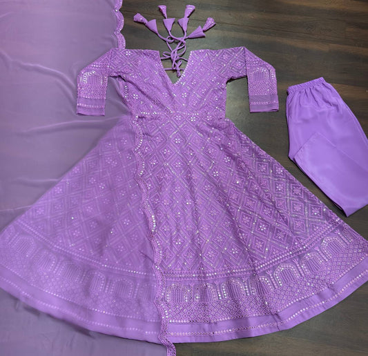 Graceful Thread Embroidered Work Purple Color Gown