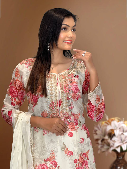 Flattering Sequence Heavy Stone Mirror Hand Work White Color Palazzo Suit