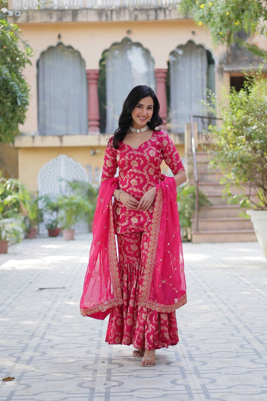 Pattern Wedding & Party Wear Georgette Pink Color Sharara Suit