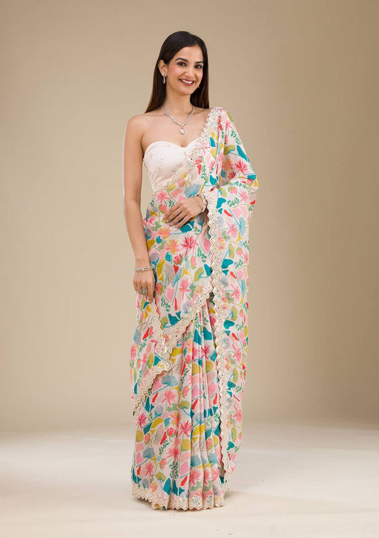 Awesome Georgette Digital Prints Cream Color Saree