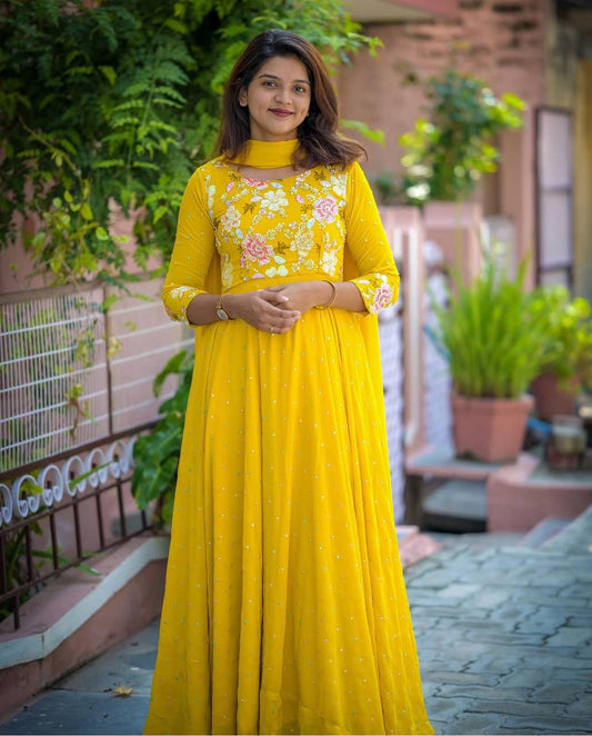 Glorious Georgette Sequence Work Yellow Color Gown