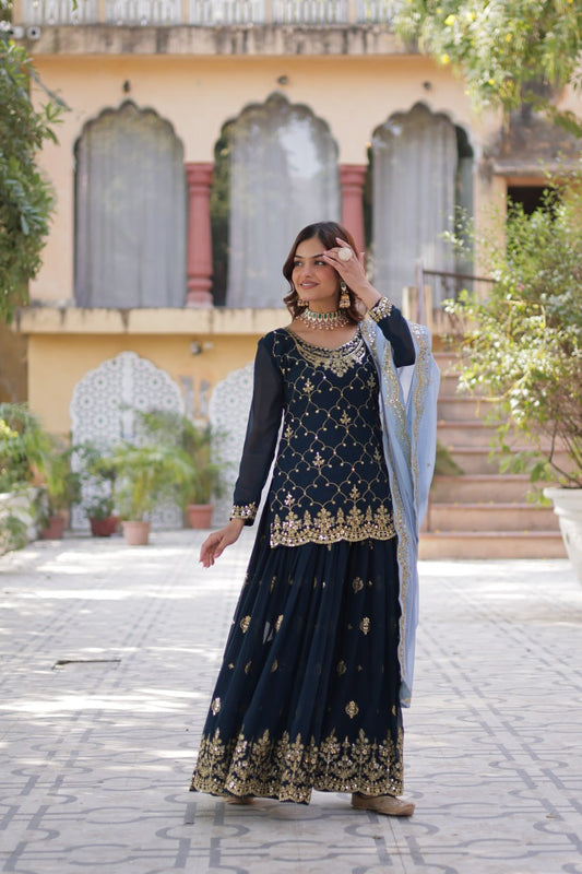 Presenting Embroidery Zari Sequins Work Rama Color Gown With Dupatta