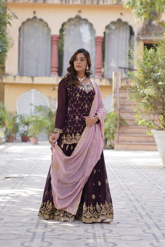 Good Looking Sequins Embroidered Work Maroon Color Sharara Suit