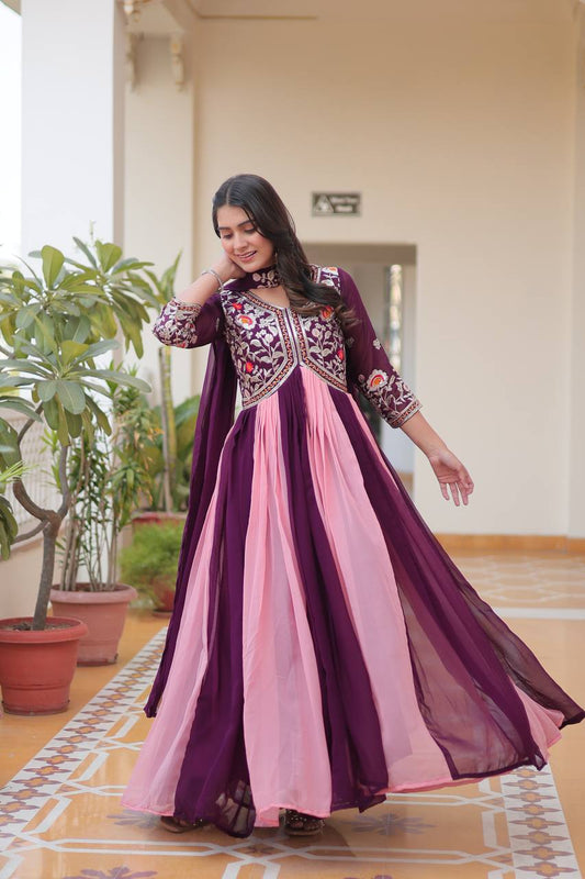 Ravishing Sequence Thred Embroidery Work Wine Color Long Gown With Dupatta