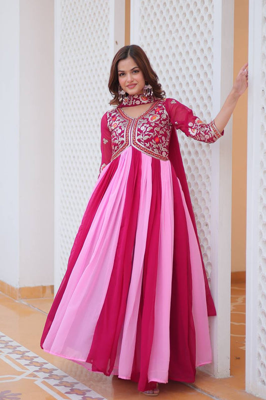 Ravishing Sequence Thred Embroidery Work Pink Color Long Gown With Dupatta