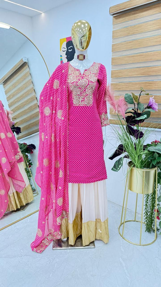 Delightful Sequence With Print Work Pink Color Sharara Suit