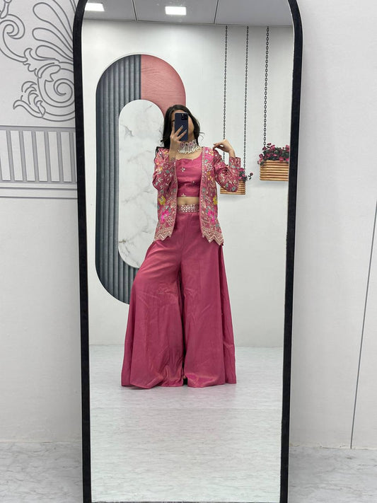 Glorious Tissue Simmer Pink Color Palazzo Suit With Shrug