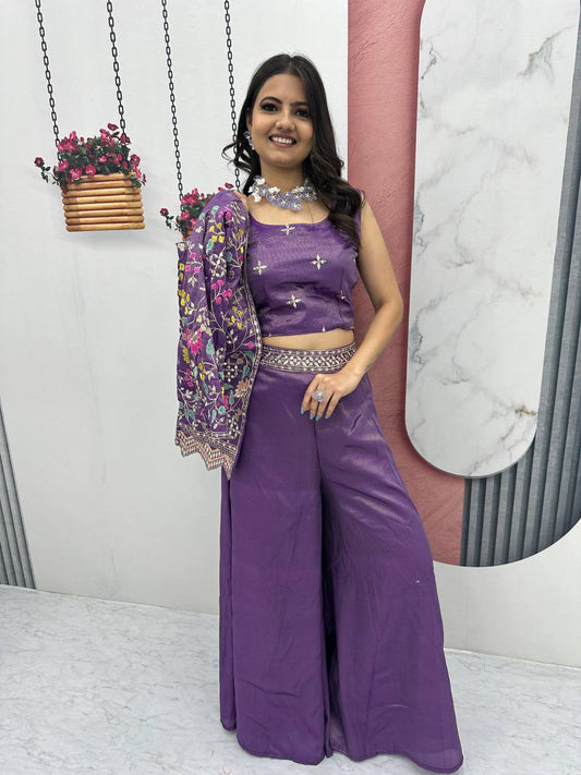 Glorious Tissue Simmer Purple Color Palazzo Suit With Shrug