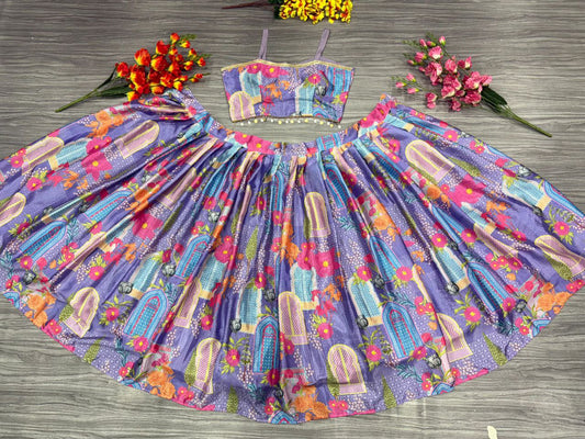 Glimmering Floral Print Multi Color Designer Lehenga Choli With Koti Style Dupatta