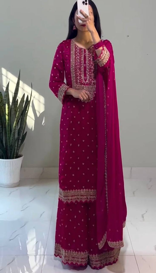 Flattering Chinon Silk Sequence Work Pink Color Sharara Suit