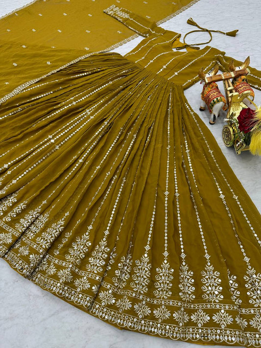 Eyes Catching Georgette Embroidery Work Mustard Color Gown