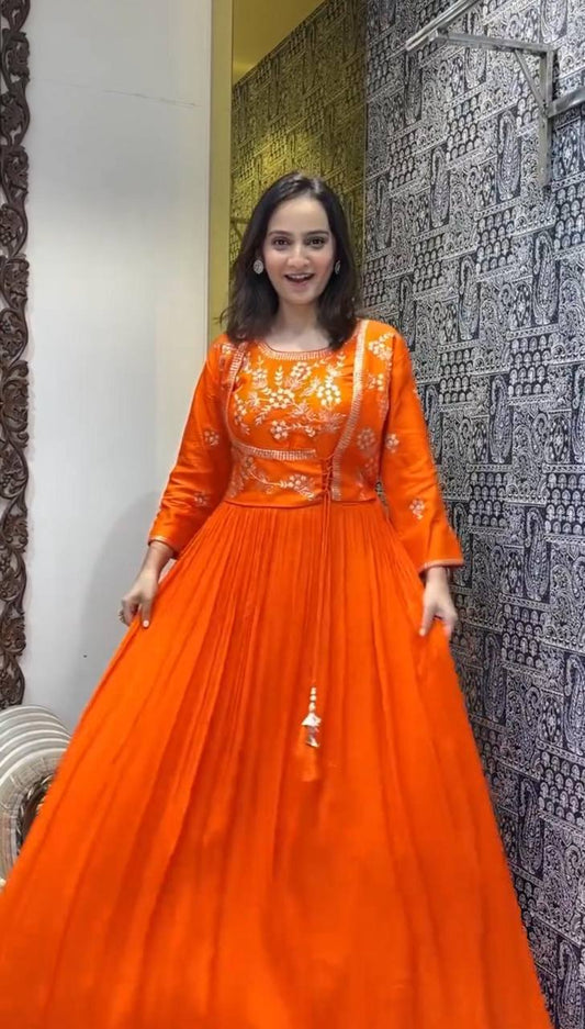 Wonderful Chinon Sequence Work Orange Color Gown
