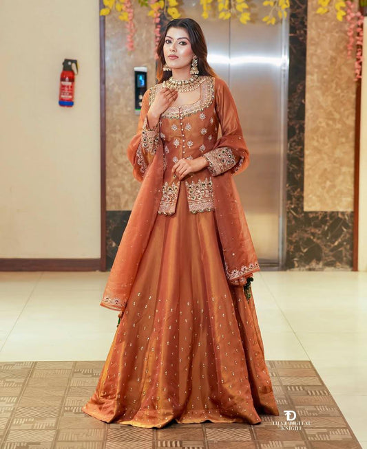 Simmer Silk Wedding Wear Orange Color Top With Lehenga