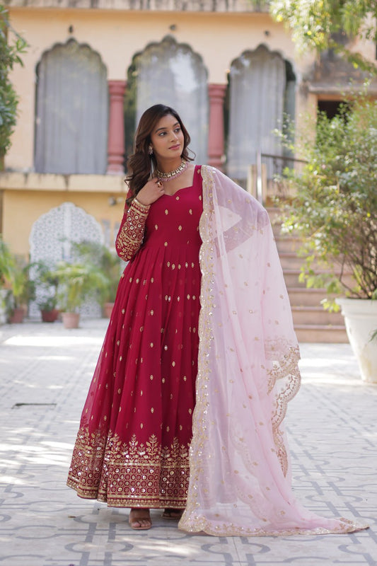Attractive Embroidery Zari Sequins Work Pink Color Gown With Dupatta