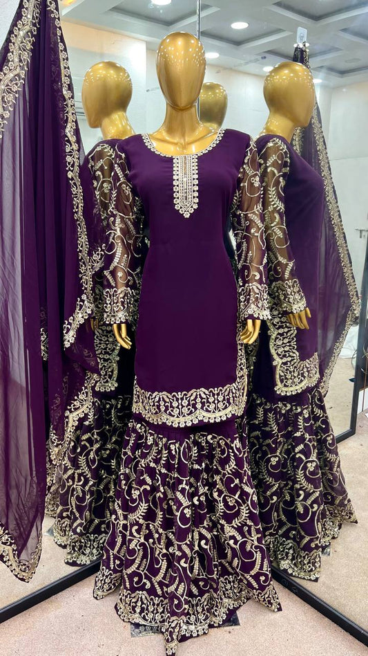 Pattern Wedding & Party Wear Sequence Work Purple Color Top Sharara With Dupatta Set