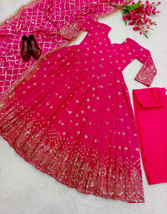 Demanding Sequence Embroidery Work Pink Color Gown With Dupatta