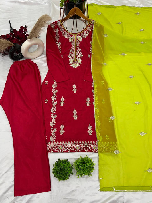 Good Looking Heavy Embroidery Sequence Work Red Color Salwar Suit