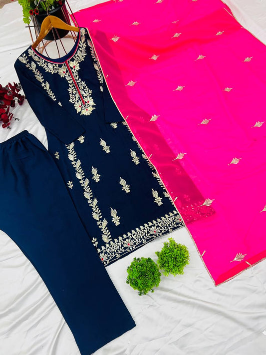 Good Looking Heavy Embroidery Sequence Work Navy Blue Color Salwar Suit