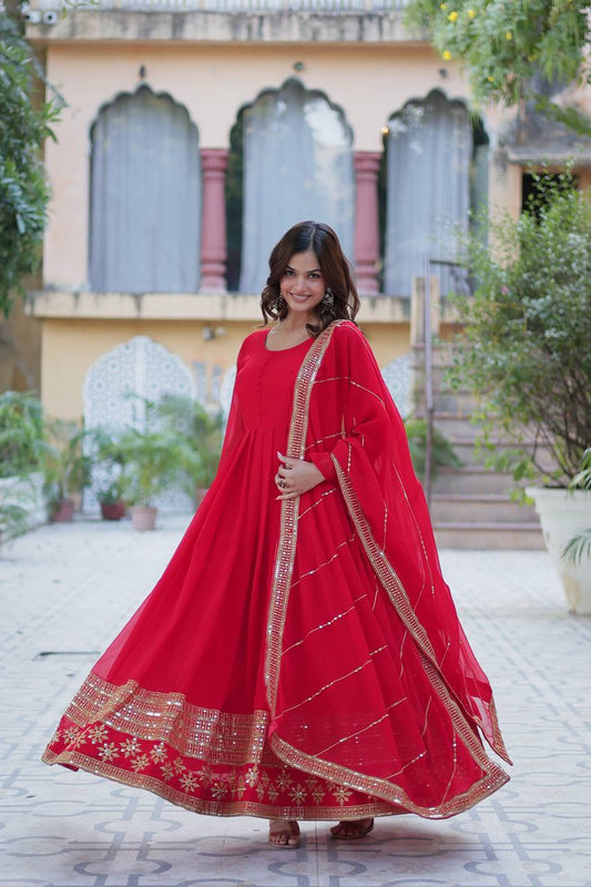 Precious Sequins Embroidered Work Red Color Gown With Dupatta