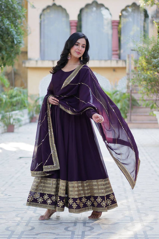 Precious Sequins Embroidered Work Wine Color Color Gown With Dupatta