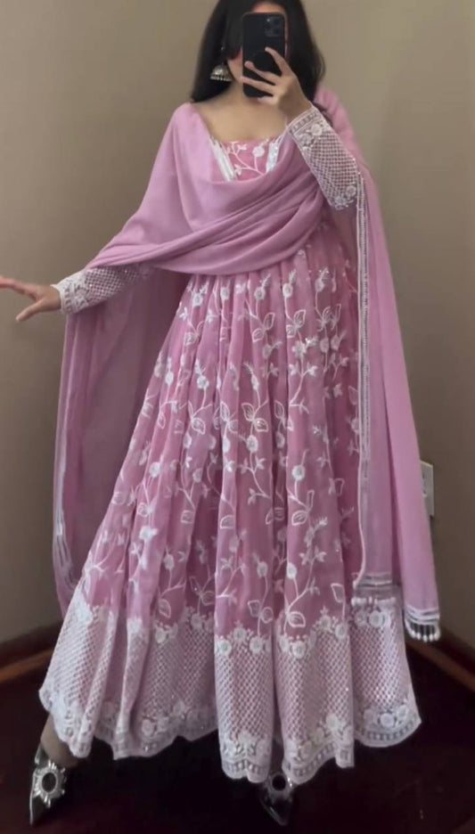 Pattern Wedding & Party Wear Embroidery Work Light Pink Color Anarkali Suit