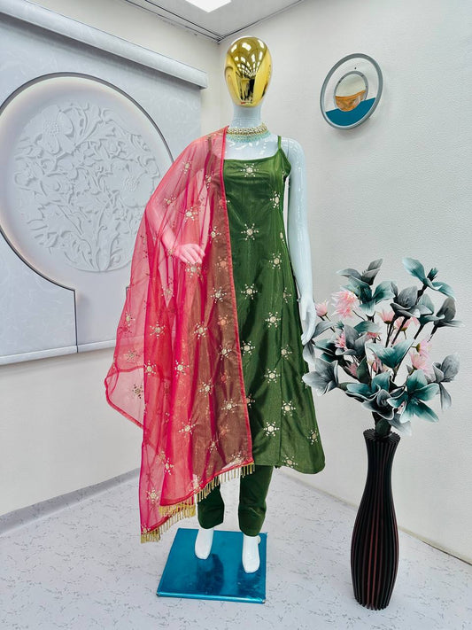 Mesmerizing Embroidery Sequins Work Green Color Salwar Suit