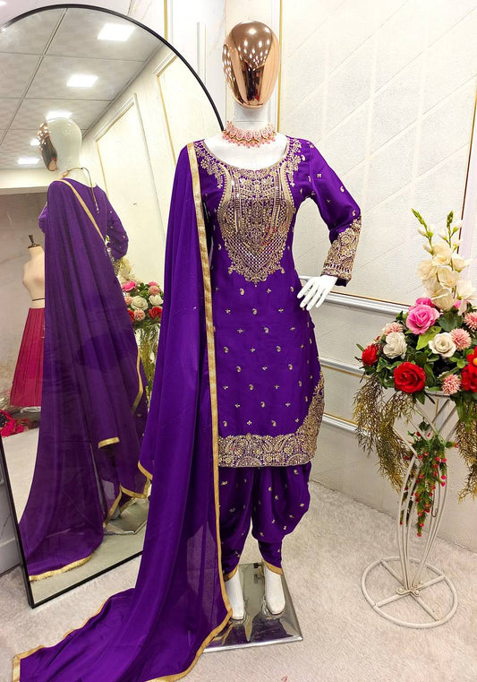 Delightful Embroidery Sequence Work Purple Color Top Dhoti With Dupatta Set