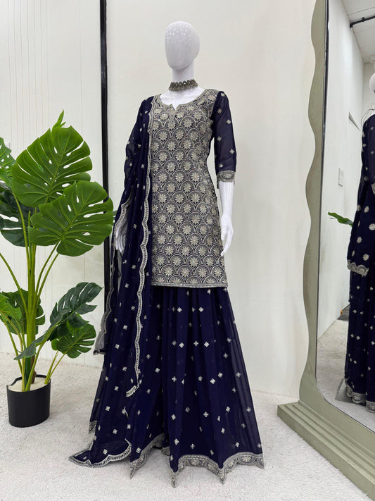 Captivating Thread With Sequence Work Navy Blue Color Sharara Suit