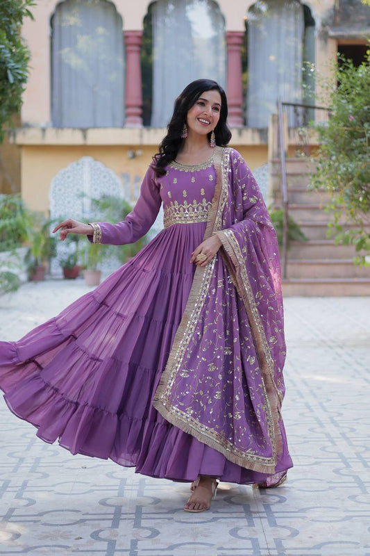 Fantastic Georgette Purple Color Lace Work Gown