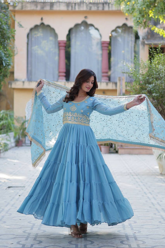 Fantastic Georgette Sky Blue Color Lace Work Gown