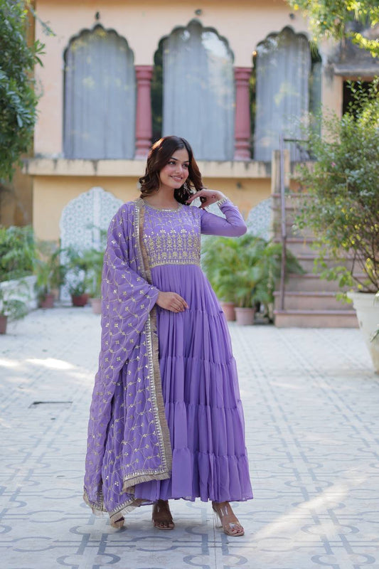 Fantastic Georgette Lavender Color Lace Work Gown