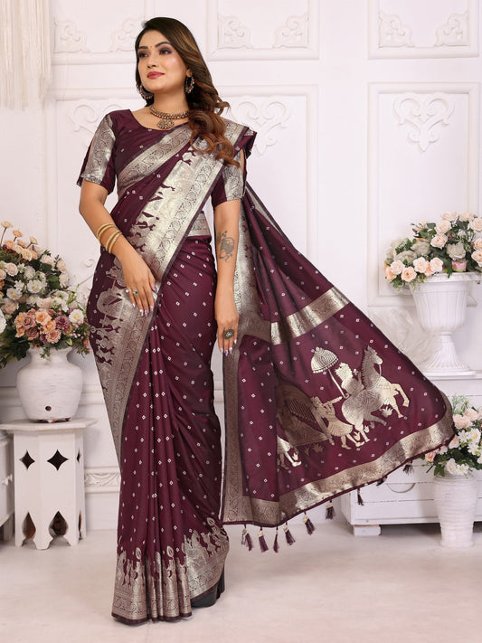 Pattern Wedding & Party Wear Kochi Silk Wine Color Saree
