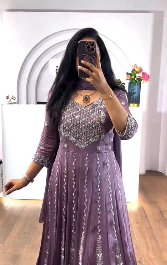 Look Designer Thread & Sequence Work Lavender Color Gown With Dupatta
