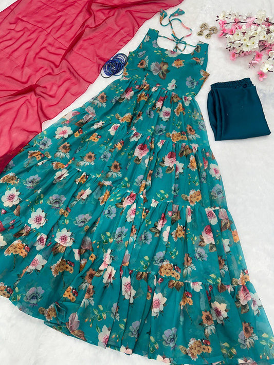 Captivating Flower Print Blue Color Anarkali Suit