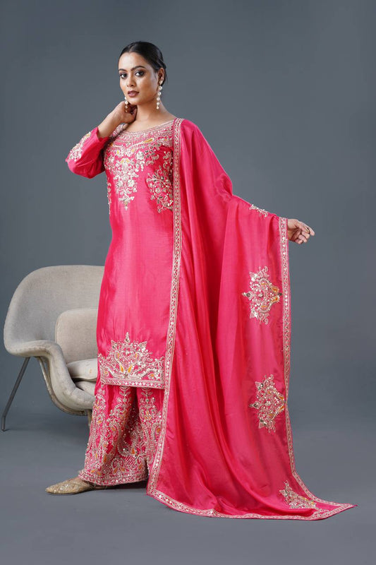 Mesmerizing Embroidery And Sequence Work Pink Color Sharara Suit