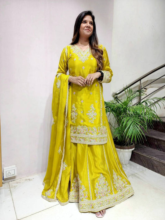 Demanding Embroidery 5mm Work Yellow Color Sharara Suit