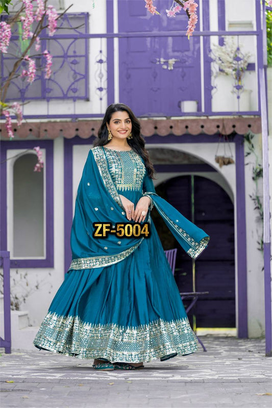 Beautiful Chinon Silk Teal Blue Color Sequence Work Gown