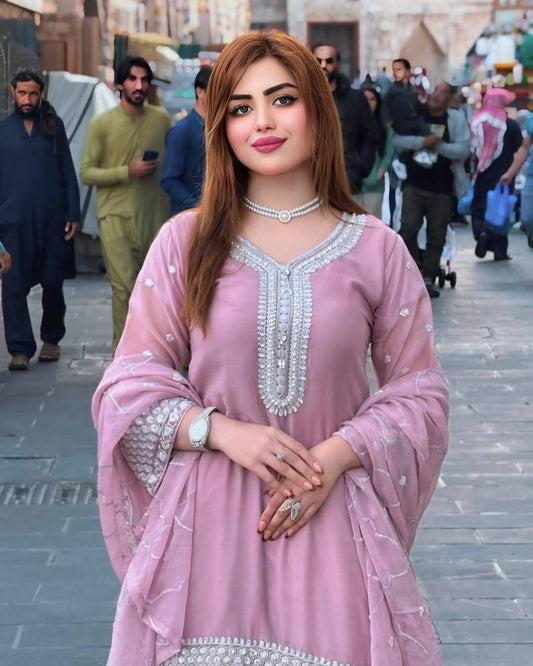 Glimmering Sequence Work Light Pink Color Top Palazzo With Dupatta Set