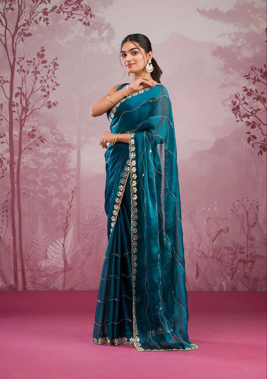 Good Looking Glitter Dori Work Blue Color Designer Saree